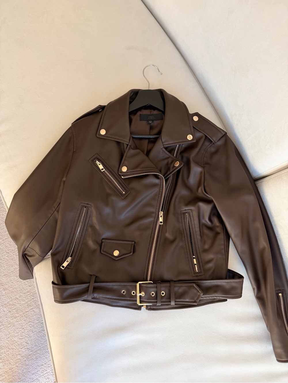 Classic DarkBrown Faux-Leather Moto Jacket with Gold Hardware